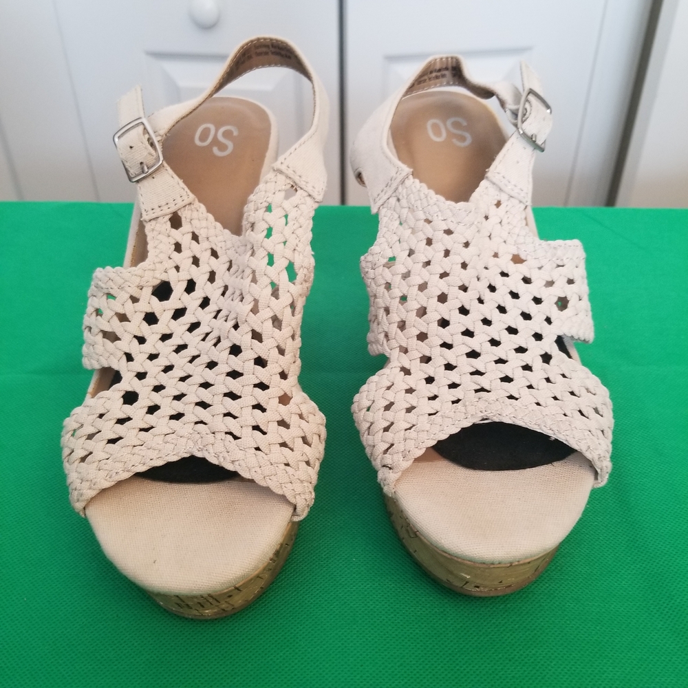 SO Taffy Sandal Cork Wedge Heel Natural Woven Braided Women’s Size 8.5